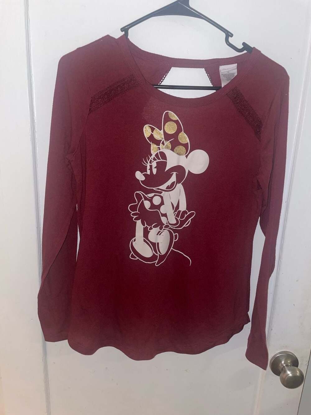 Disney Minnie Mouse Burgundy Long Sleeve Top with Lace Trim and Back Cutout